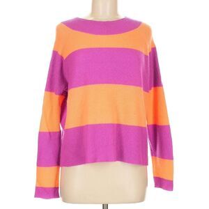 Lisa Todd 100% Cashmere Bright Rugby Pink Orange Striped Crew Sweater Size M